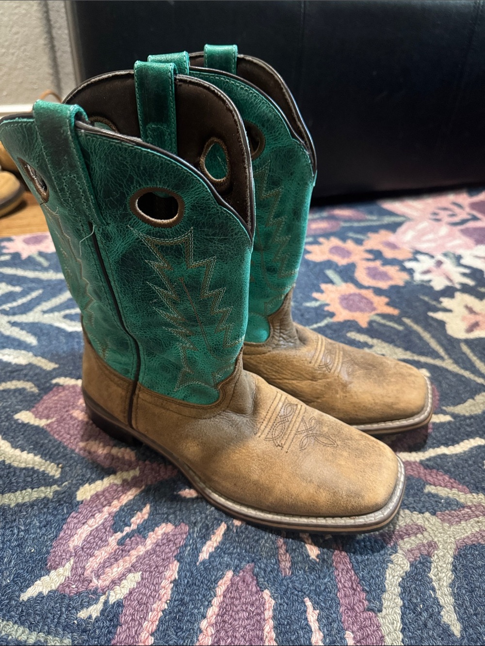 Kids Brown and Teal Pull-On Cowboy Boots